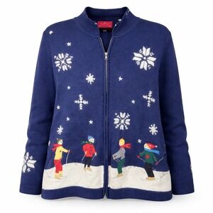 Vintage Holiday Lodge  Womens Full Zip Cardigan Jacket 2X‎ Blue Winter Sweater